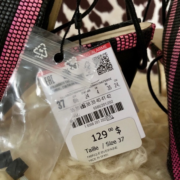 Zara Black / Pink Fuchsia woven mesh striped fringe slingback heel sandals NWT - Picture 12 of 13